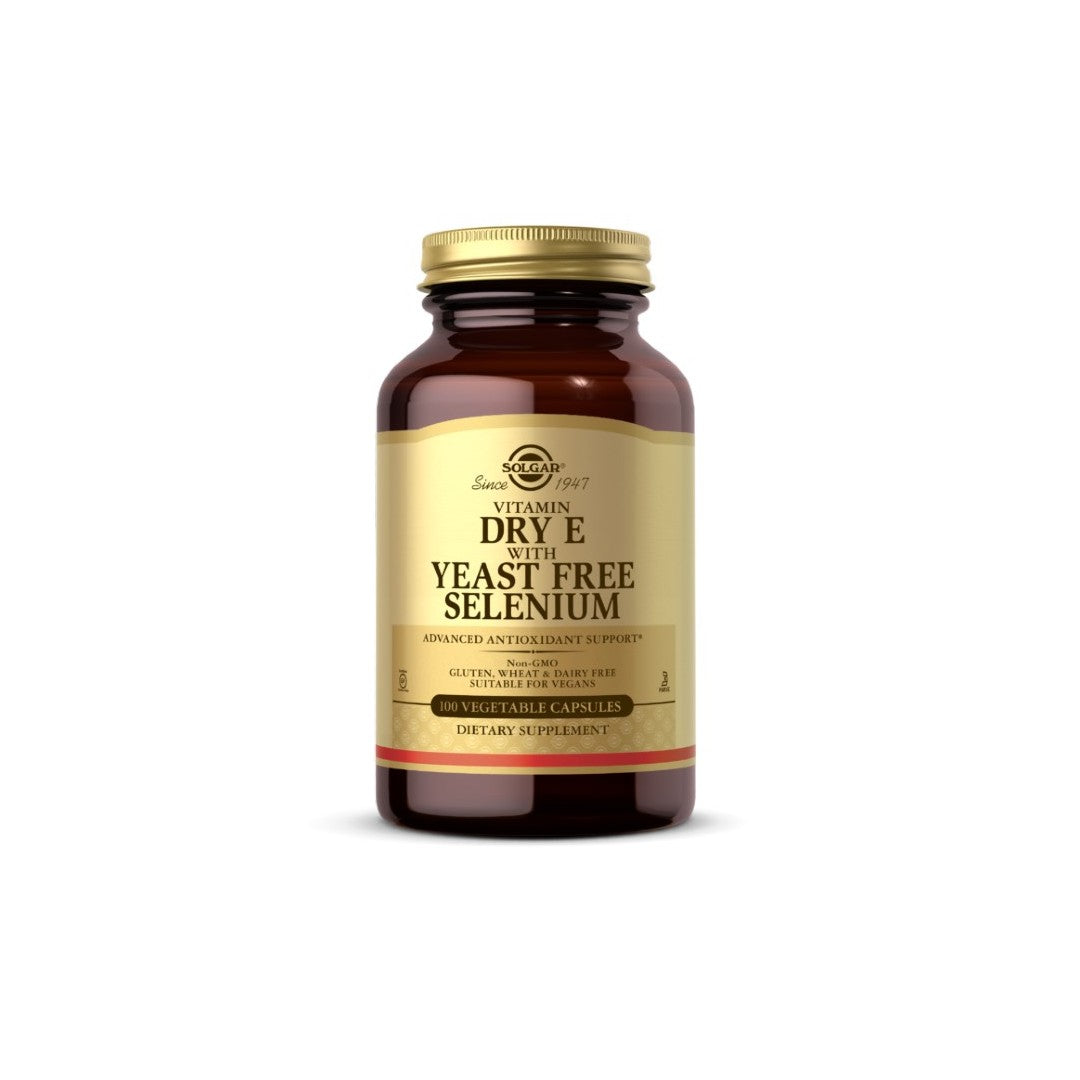 Trockenes Vitamin E mit Selen Hefefrei 100 Pflanzenkapseln Solgar